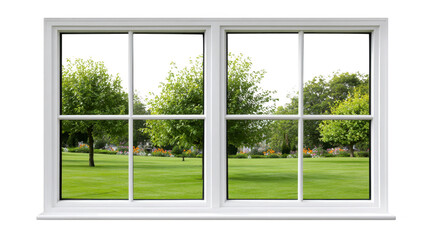 Naklejka premium White frame window with clear glass panes showing lush green park, vibrant trees, and manicured grass, creating peaceful and refreshing outdoor view