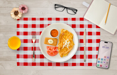 Homemade breakfast scene with omelette, orange juice, notebook and smartphone, symbolizing cozy lifestyle, morning creativity and relaxation