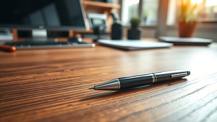 Fototapeta premium A single pen lying on a wooden desk with blurred background, professional workspace vibe.