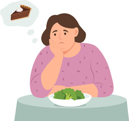 Overweight woman is sitting at the table with a plate of broccoli and dreaming about chokolate cake. Healthy lifestyle and bad habits. The concept of weight loss and diet. Vector illustration