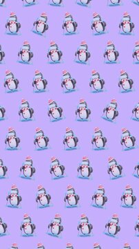 4K 3D Cute Cartoon Penguin Skiing Winter Holiday Seamless Pattern Loop Animation