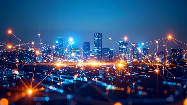 Futuristic cityscape at night featuring network nodes, glowing digital connections, and illuminated skyline, depicting global communication - Powered by Adobe