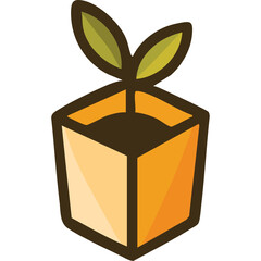 Simple stylized icon of a small green plant growing in an orange square pot with dark soil and a brown outline on a transparent background
