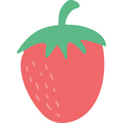 Simple stylized illustration of a red strawberry with a green stem and leaves on a transparent background in a flat design style