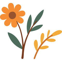 Simple stylized illustration of an orange flower with green leaves and a yellow branch with leaves on a transparent background in a flat design style