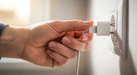 Hand unplugging phone charger from wall socket in bright home interior, energy conservation and safety