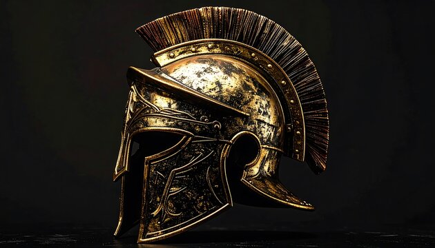 An ornate, metallic warrior helmet. A close-up showcases intricate details, textures, and a golden hue. It appears ancient and regal, set against a dark background