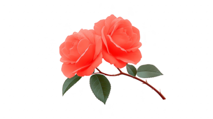 Two pink roses with green leaves on single stem, isolated on transparent background, symbolizing romance and elegance, perfect for floral design or greeting cards