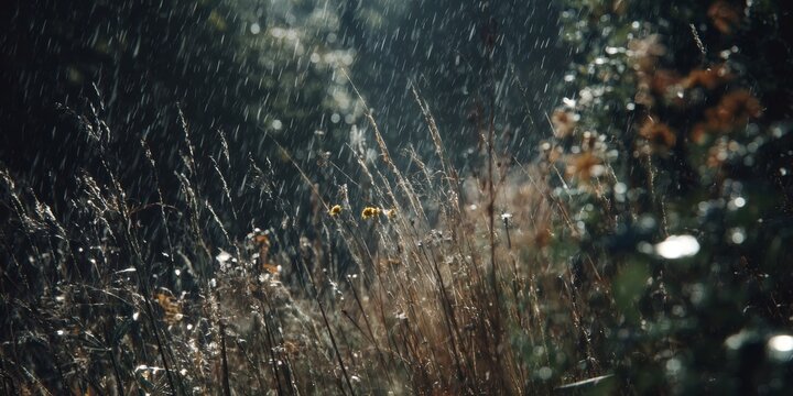 Rain falling with sun rays highlighting droplets over tall grass and wild plants, depicting nature's refreshing cycle