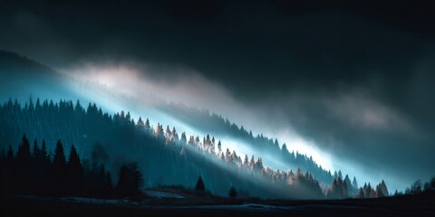 Fototapeta premium Forest mountains with fog and sun rays creating a mystical atmosphere over a dark landscape