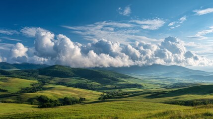 Fototapeta premium Serene Landscape with Lush Green Hills and Dramatic Cloud Formation Under a Clear Blue Sky in a Beautiful Natural Environment