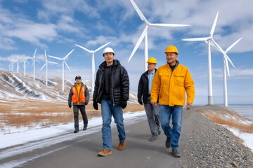 Engineers and workers walking at wind farm site