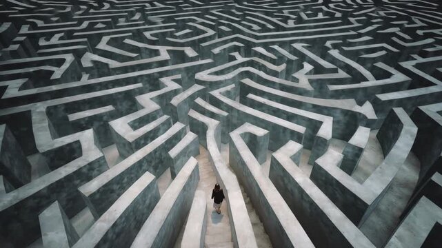 Mysterious woman from behind walking down the stairs and entering a vast, surreal concrete maze, symbolizing life's journey, challenges, and the search for a solution or a path forward