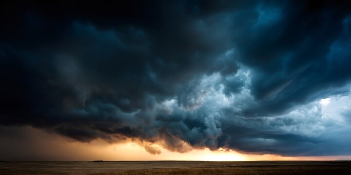 Dark storm clouds gathering over a wide open field, showing rain falling with dramatic light near the horizon