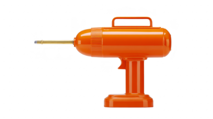 Orange plastic toy ray gun with retro design, isolated on transparency background, featuring metallic tip and handle, evoking playful and nostalgic feelings for children and collectors