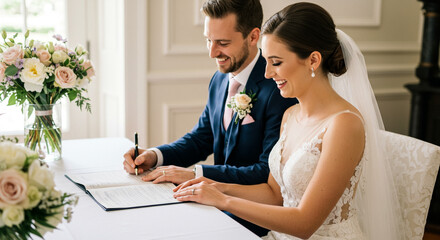 Couple Signing Marriage License in Bright Wedding Hall with Flowers, Celebrating Love and Union