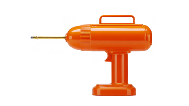 Orange plastic toy ray gun with retro design, isolated on transparency background, featuring metallic tip and handle, evoking playful and nostalgic feelings for children and collectors