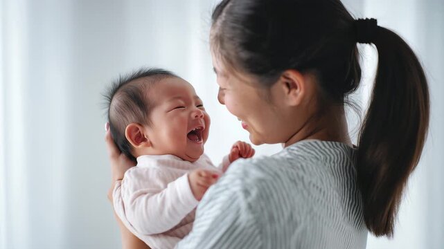 姉が新生児を抱き明るい表情で見つめる室内で