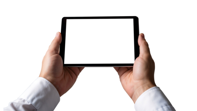 Hand man holding tablet with mockup blank screen isolated on transparent background - Powered by Adobe