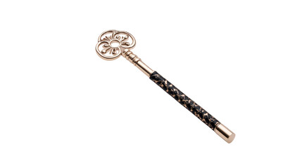 Antique ornate key with intricate floral design and black gold handle isolated on transparency background vintage style elegant decorative collectible metallic historical mysterious