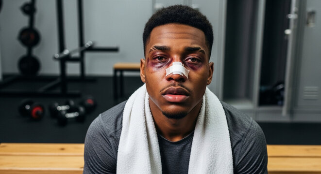 Broken nose with bruising on African-American male athlete in sports locker room, injury recovery and resilience