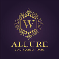 Elegant golden w logo for allure beauty concept store, symbolizing luxury and sophistication on a deep purple background
