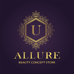 Elegant golden hexagon logo with letter u, ornate floral design, and allure beauty concept store text on a dark purple background