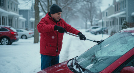 Man scraping ice from car windshield in snowy residential street, winter morning routine and vehicle maintenance