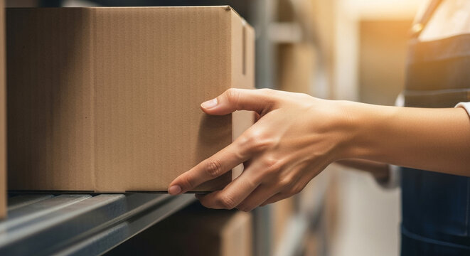 Woman lifting cardboard box from shelf in warehouse, manual handling and logistics