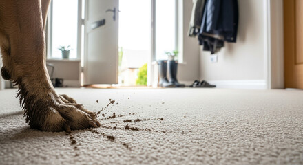 Foot leaving muddy paw print on light carpet, pet mess and cleaning challenge in bright hallway