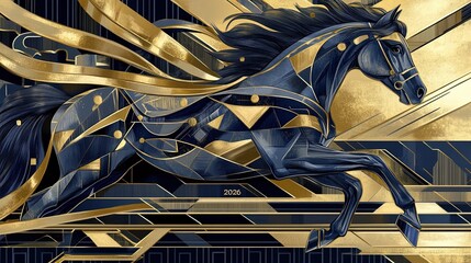 Running black horse in golden light futuristic style
