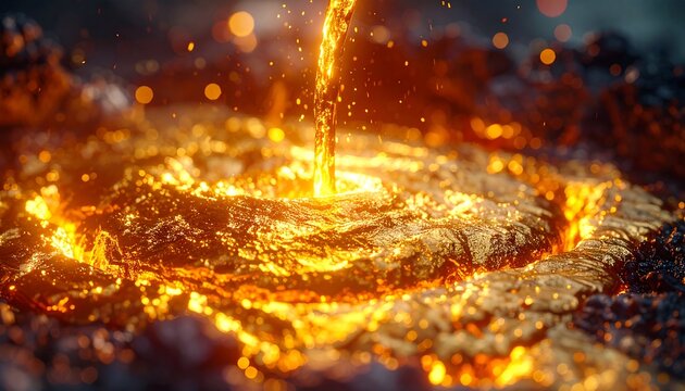 An otherworldly view shows liquid magma cascading into a pool. The molten substance glows with an incandescent orange hue, creating fiery textures