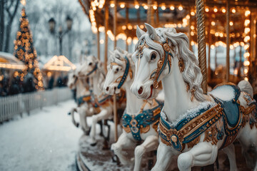 Vintage Christmas Carousel with White Horses — Festive Winter Scene for Postcards and Holiday Calendars