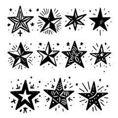 Black And White Seamless Space Elements, Star, Starry Sky Pattern Sketch Style Isolated. Set Of Hand Drawn Doodle Stars, Sun, Moon, Planets And Stars Illustration In Vintage Engraving Style.