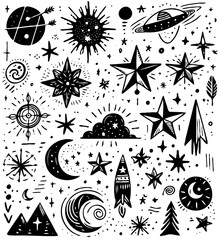 Fototapeta premium Black And White Seamless Space Elements, Star, Starry Sky Pattern Sketch Style Isolated. Set Of Hand Drawn Doodle Stars, Sun, Moon, Planets And Stars Illustration In Vintage Engraving Style.
