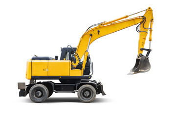 This heavy-duty wheeled excavator is positioned against a white background, highlighting its large bucket and robust design, typical for construction applications. Equipment rental.