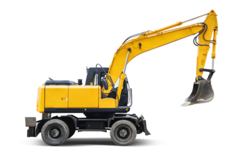 This heavy-duty wheeled excavator is positioned against a white background, highlighting its large bucket and robust design, typical for construction applications. Equipment rental.