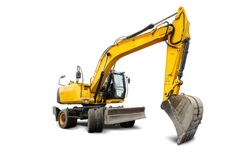 Heavy yellow excavator features a large bucket arm ready for digging or lifting. Isolated against a plain white backdrop, perfect for showcasing equipment.