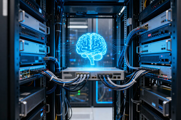Data center server room with glowing brain graphic representing AI