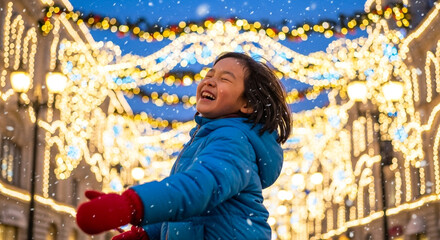 Child laughing and spinning in falling snow under Christmas street lights, winter holiday joy