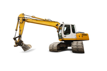 A large crawler excavator against an isolated background with an extended boom, ready for digging or excavation work at construction or demolition sites. © Anoo
