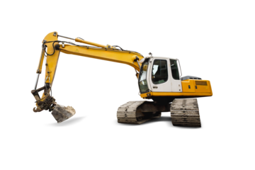 A large crawler excavator against an isolated background with an extended boom, ready for digging or excavation work at construction or demolition sites.