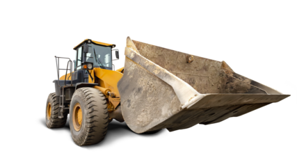 A powerful loader with a large raised bucket against an isolated background. Construction equipment rental for construction and excavation work.