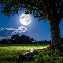 beautiful full moon night landscape with large tree field and clear blue sky peaceful nature scenery with bright moonlight
