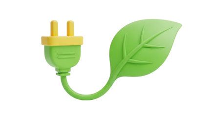 Green leaf power plug with yellow accents isolated on a transparent background electricity
