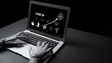 An AI driven business start up growth strategy from idea to success. The process of AI planning and analysis to reach global market targets. Motif