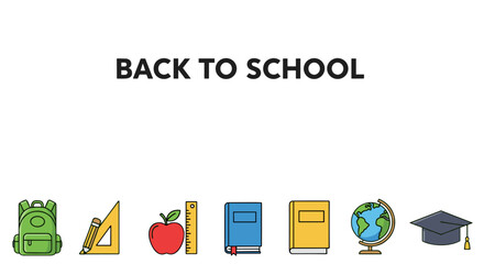 Back to School concept with colorful icons of backpack, pencil, ruler, apple, books, globe, and graduation cap on a black background, symbolizing education, learning, and academic achievement for