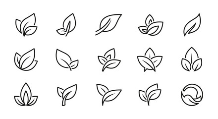 A collection of minimalist line art icons representing various leaf shapes and organic forms, perfect for environmental, botanical, or natural branding and design projects. These versatile vector