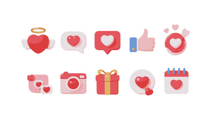 A delightful collection of 3D rendered icons, predominantly featuring hearts in various forms, symbolizing love, romance, and social media engagement, perfect for Valentine's Day or any love-themed