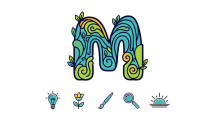 Artistic letter M adorned with swirling organic patterns and vibrant green leaves, symbolizing nature's beauty and creativity, accompanied by small icons representing ideas, growth, art, discovery